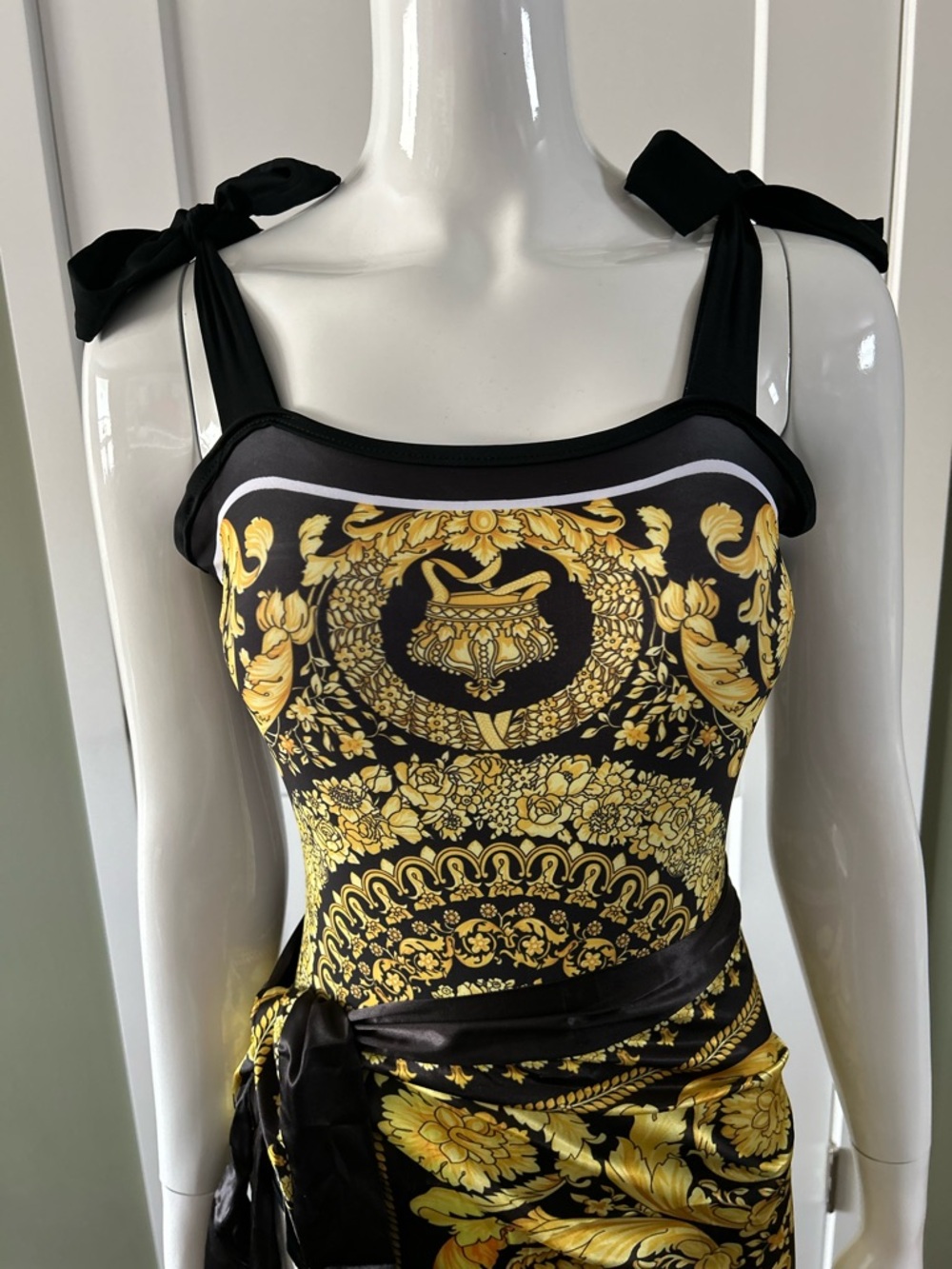 Luxe Black & Gold Baroque Swim Set One Piece + Sarong NEW Resort Glam - Picture 5 of 15